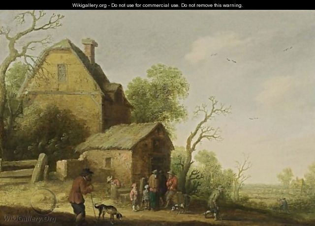 A Wooded Landscape With Figures And Dogs Sitting Outside A Tavern - Joost Cornelisz. Droochsloot
