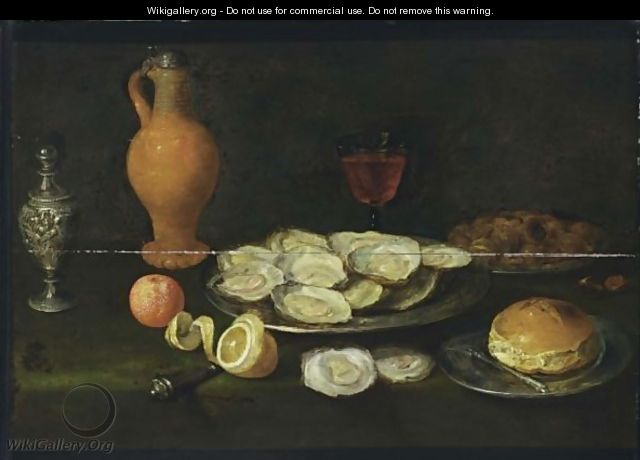 A Still Life With Oysters, Chestnuts, And A Roll Together With A Fork, All On Pewter Plates, A Half Peeled Lemon, A Bitter Orange, A Glass Of Wine, An Earthenware Jug With A Pewter Lid And Silver Pepperbox, All On A Table Draped With A Green Cloth - (after) Jacob Foppens Van Es