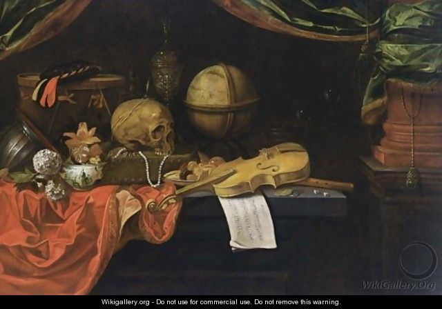 A Vanitas Still Life With Musical Instruments And Score, A Globe, A Skull, A Transitional Bowl With Flowers, Snowballs, Jewellery, A Silver-Gilt Cup And Cover, Bubbles, Money And Dice, All On A Table Draped With Red Cloth - Dutch School