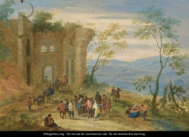 A Wooded Landscape With Gypsies, Horsemen And Travellers Conversing And Resting Near Ruins - Mathys Schoevaerdts