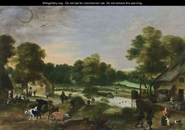 A Village Scene In A Landscape Setting With A Shepherd And His Flock In The Foreground, Together With Anglers And A Small River With Boats Nearby - Antwerp School