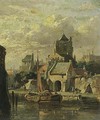 A Town View With A Moored Boat - Adrianus Eversen