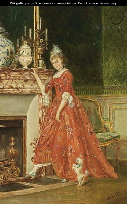 An Elegant Lady And Her Dog By A Fire Place - Joseph Bles
