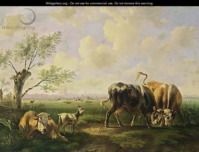 Bulls And Goats In An Extensive Summer Landscape - Albertus Verhoesen
