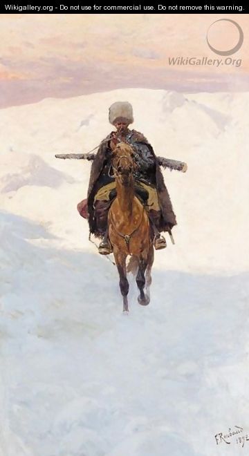 Mounted Cossack On A Mountain Pass - Franz Roubaud