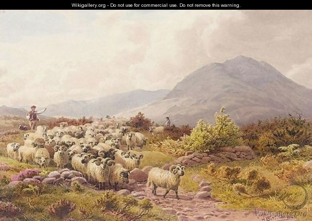 Shepherds Driving Sheep On A Path In The Hills - Henry Birtles