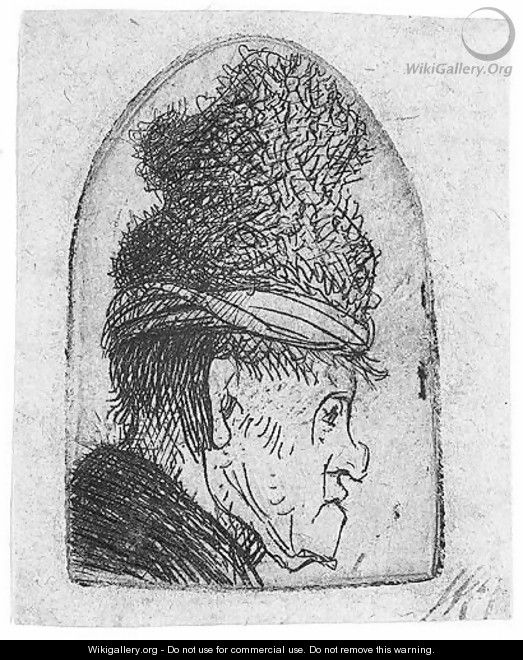 Grotesque Profile Man In A High Cap - Rembrandt Van Rijn