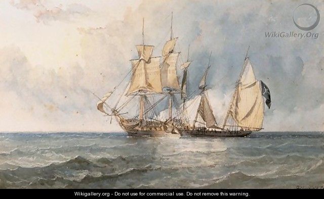 A Man-O-War And Pirate Ship At Full Sail On Open Seas - William Clarkson Stanfield