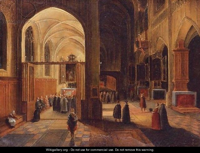 Interior Of A Gothic Cathedral With A Mass Being Celebrated In A Side Chapel - Hendrick Van Steenwijk II