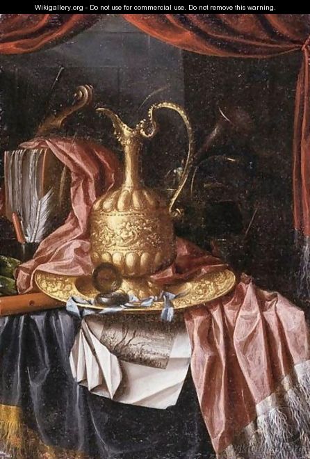 A Still Life Of A Gilt Ewer, A Gilt Plate, Prints And Writing Materials All Resting On A Draped Table - Franciscus Gysbrechts