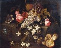 Still Life Of Fruit And Flowers Resting On A Stone Ledge With Mushrooms In The Foreground - (after) Abraham Brueghel