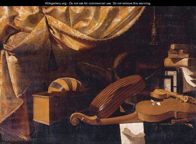 Still Life Of Musical Instruments And Books All Resting On A Table - Bartolomeo Bettera