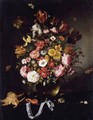 Still Life Of Flowers In A Glass Vase With Butterflies, Seashells And A Pocket Watch - Adriaen Pietersz. Van De Venne