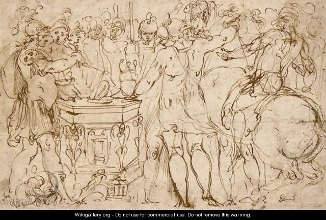 Classical Warriors Gathered Around An Altar - (after) Perino Del Vaga (Pietro Bonaccors)