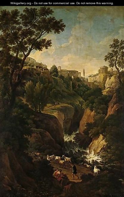 A Capriccio Of Tivoli, With Peasants And Animals By The Falls - Jan Frans van Orizzonte (see Bloemen)