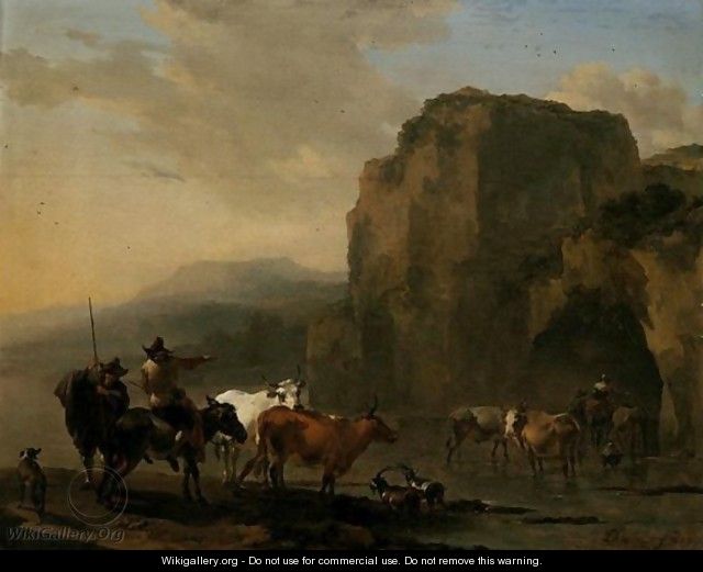 An Italianate Landscape With Herders, Cattle And Goats Fording A River - Nicolaes Berchem