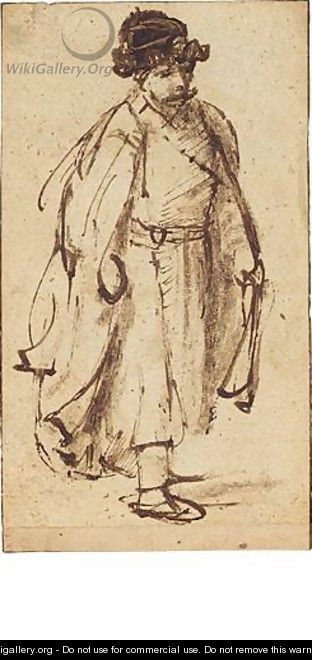 A Man In Fur Hat, Walking To The Right - (after) Rembrandt Van Rijn