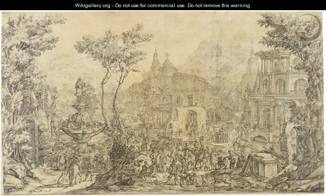An Elaborate Landscape Capriccio, With Many Figures By A Fountain And Palatial Buildings Behind - Franco-Flemish School