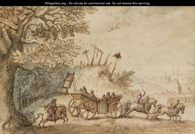 Landscape With A Coach And Four Driving From Woods Past A Gibbet, Towards A Town - Matthäus the Elder Merian