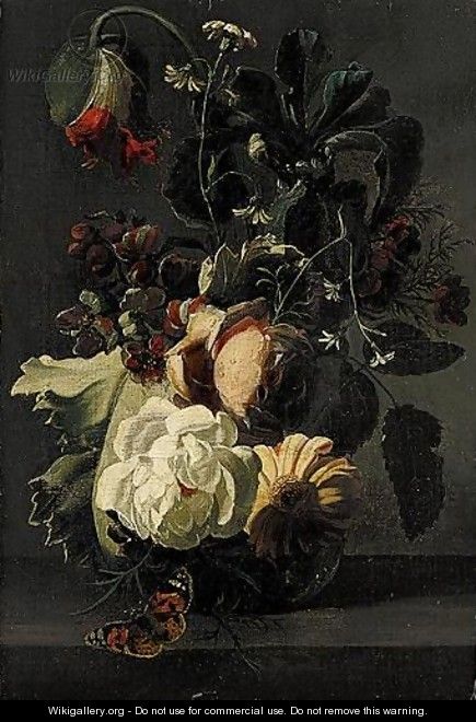 Still Life Of Roses And Other Flowers In A Glass Vase, Together With A Butterfly, Upon A Stone Ledge - (after) Simon Pietersz. Verelst