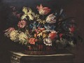Still Life Of Tulips, Irises And Other Flowers In A Basket On A Stone Ledge - (after) Bartolome Perez