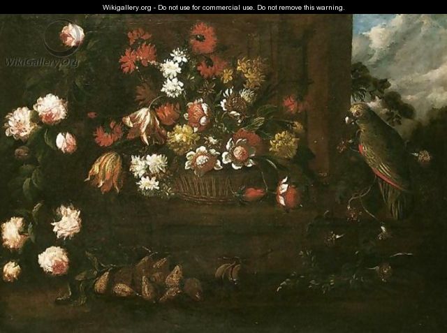 Still Life Of A Wicker Basket Of Flowers, Pears, Figs And A Green Parrot In A Classical Garden - (after) Elisabetta Marchioni