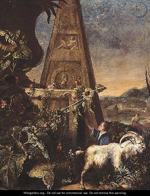 Pastoral Landscape With A Goat And A Child In The Foreground With A Pyramid - (after) Arnold Houbraken