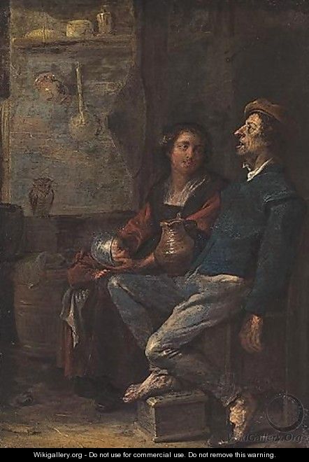 Interior With A Man Resting His Foot On A Foot Warmer, Together With His Wife And Child - Cornelis Saftleven