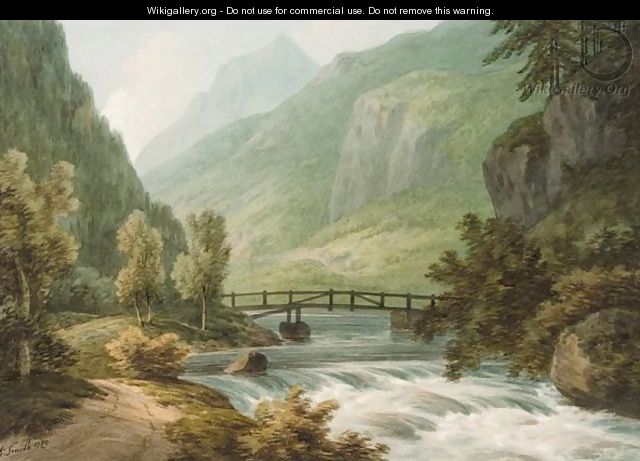 A Footbridge Over A River In The Swiss Mountains - John Warwick Smith