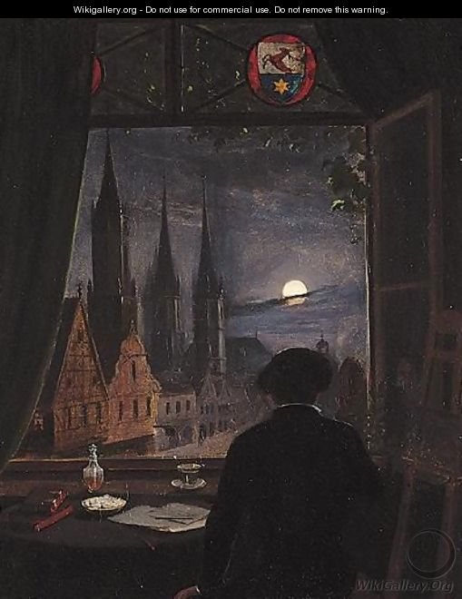 An Artist In His Studio Contemplating A Moonlit Street From His Opened Window - (after) Friedrich, Caspar David