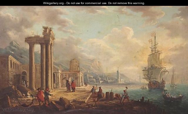 Harbour Scene With Figures Among Ancient Ruins - (after) Alessandro Grevenbroeck