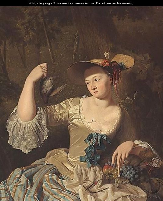 Portrait Of A Lady, Half Legnth, Wearing A Yellow Silk Dress And Holding A Bird And A Basket Of Fruit - Dutch School