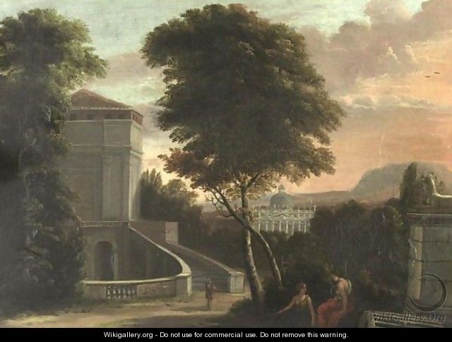An Extensive Landscape With Classical Architecture And Figures In The Foreground - French School
