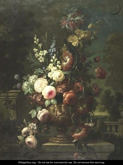 Still Life Of Flowers In An Elaborate Urn On A Marble Ledge - (after) Jan-Baptist Bosschaert