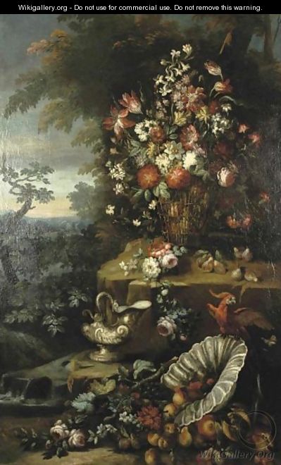 Still Life With A Basket Of Flowers, Fruit And Parrot - (after) Gasparo Lopez