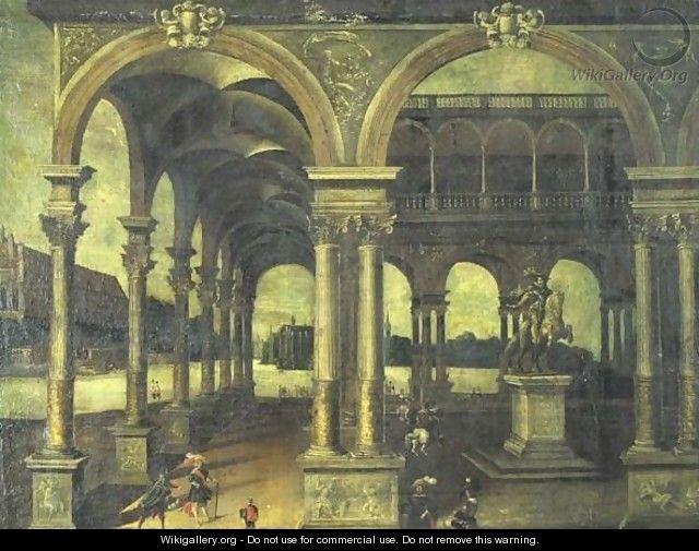 View Of A Loggia With Strolling Noblemen - Spanish School