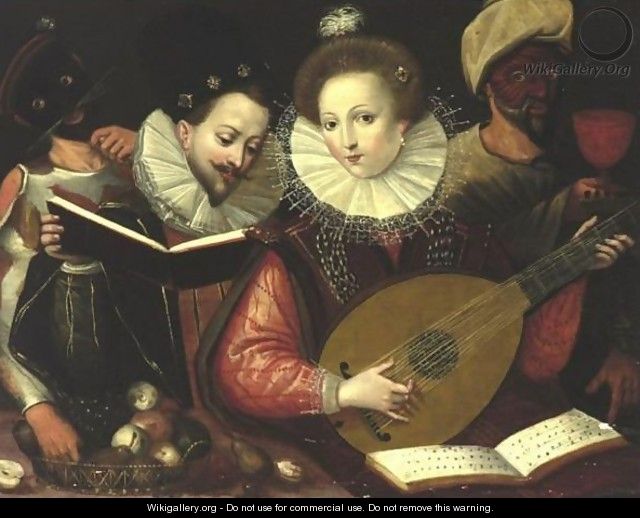 Musicians With A Lady Playing The Lute And Masked Figures In The Background - Flemish School