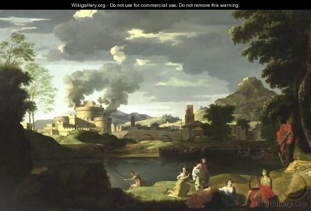 Italianate Landscape With Figures By A River And A Fortress Beyond - (after) Nicolas Poussin