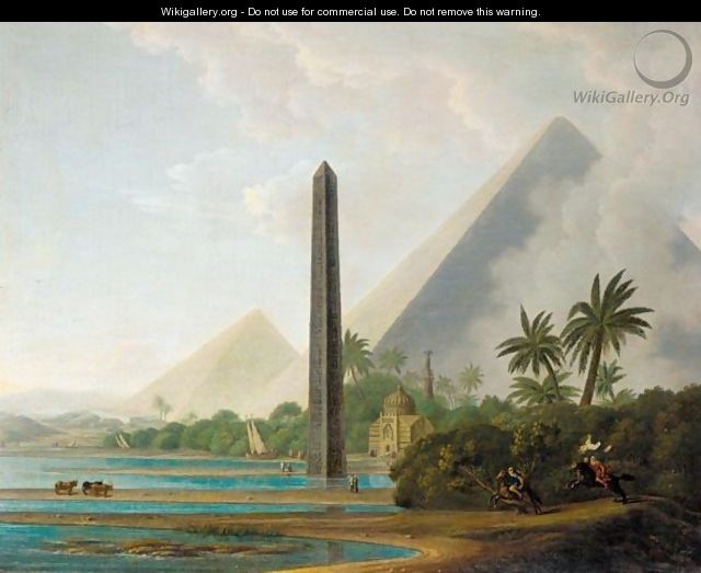 An Egyptian Capriccio Landscape With The Pyramids Of Giza And A Stone Needle On The Banks Of The Nile And Horsemen In The Foreground - Thomas Daniell