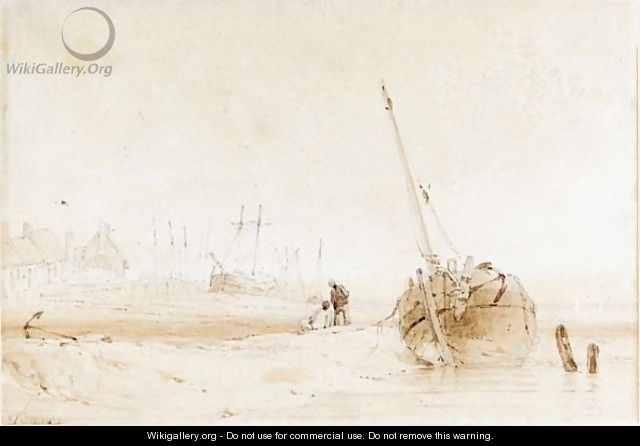 A Fishing Boat Beached At Low Tide - Richard Parkes Bonington