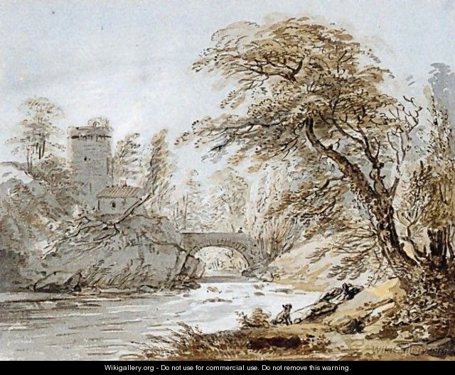 A Traveller And His Dog By A River, A Bridge And Tower Beyond - Paul Sandby