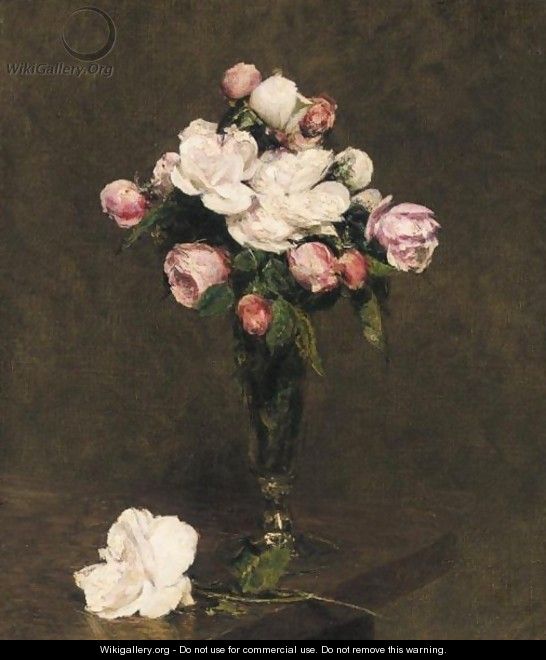 Roses Blanches Et Roses Dans Un Verre A Pied - Ignace Henri Jean Fantin-Latour