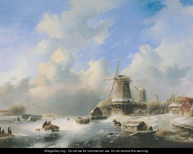 A Frozen Winter Landscape With Skaters By A Windmill - Jan Jacob Coenraad Spohler