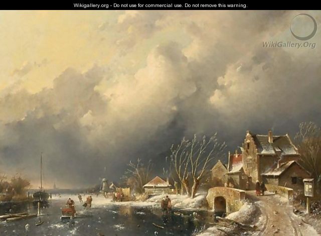 A Winter Landscape With Skaters Near A A