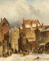 Figures In A Dutch Town In Winter - Charles Henri Leickert