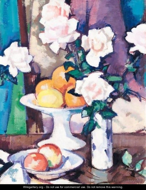 Still Life With Pink Roses And Oranges - Samuel John Peploe