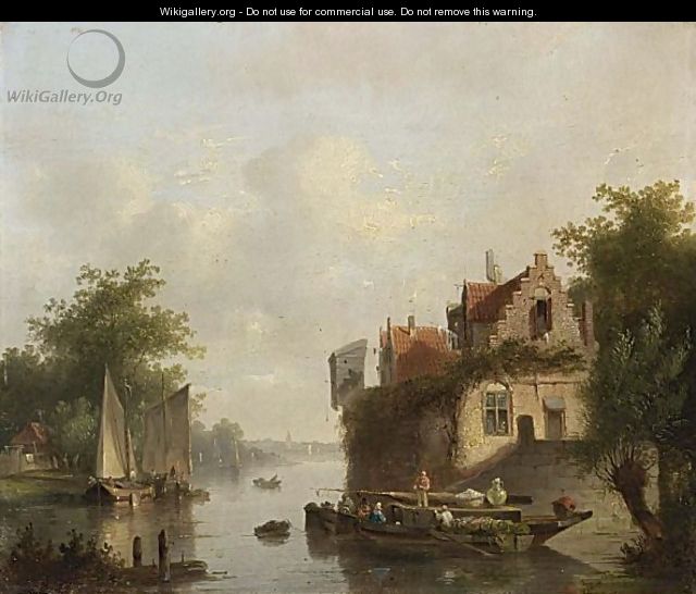 A Riverlandscape With Moored Sailingvessels - Dutch School