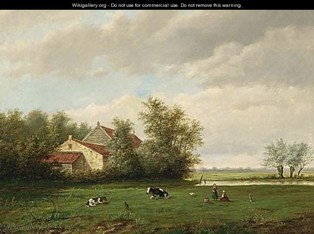 A Landscape With Two Girls Playing In A Meadow Near A House - Willem Vester