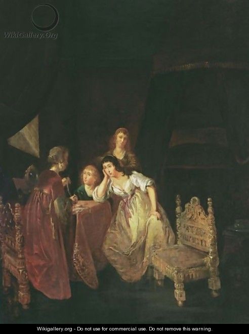 An Interior With A Maid Showing Pearls To Ladies, Another Maid Beyond And A Bed In The Background - (after) Willem De Poorter