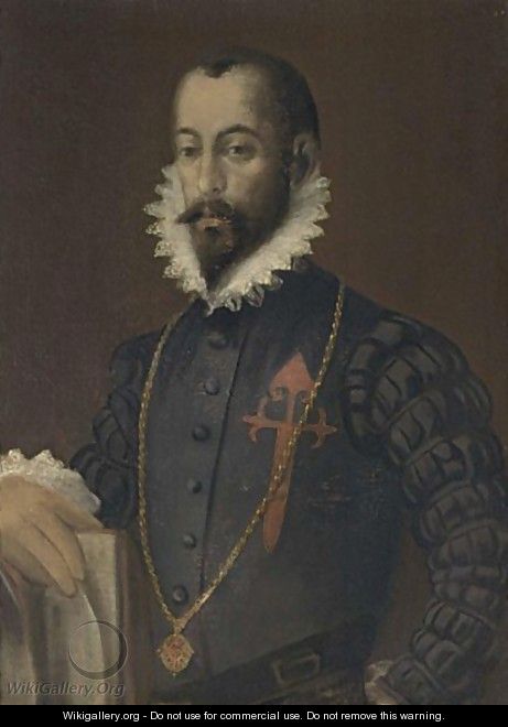 A Portrait Of A Gentleman, Half Length, Wearing A Black Costume With White Collar - (after) Mor, Sir Anthonis (Antonio Moro)